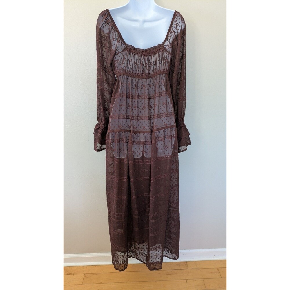 Altard State Sheer Maxi Duster Tie Front Dress M Embroidered Fairy Grunge Brown - Picture 7 of 15